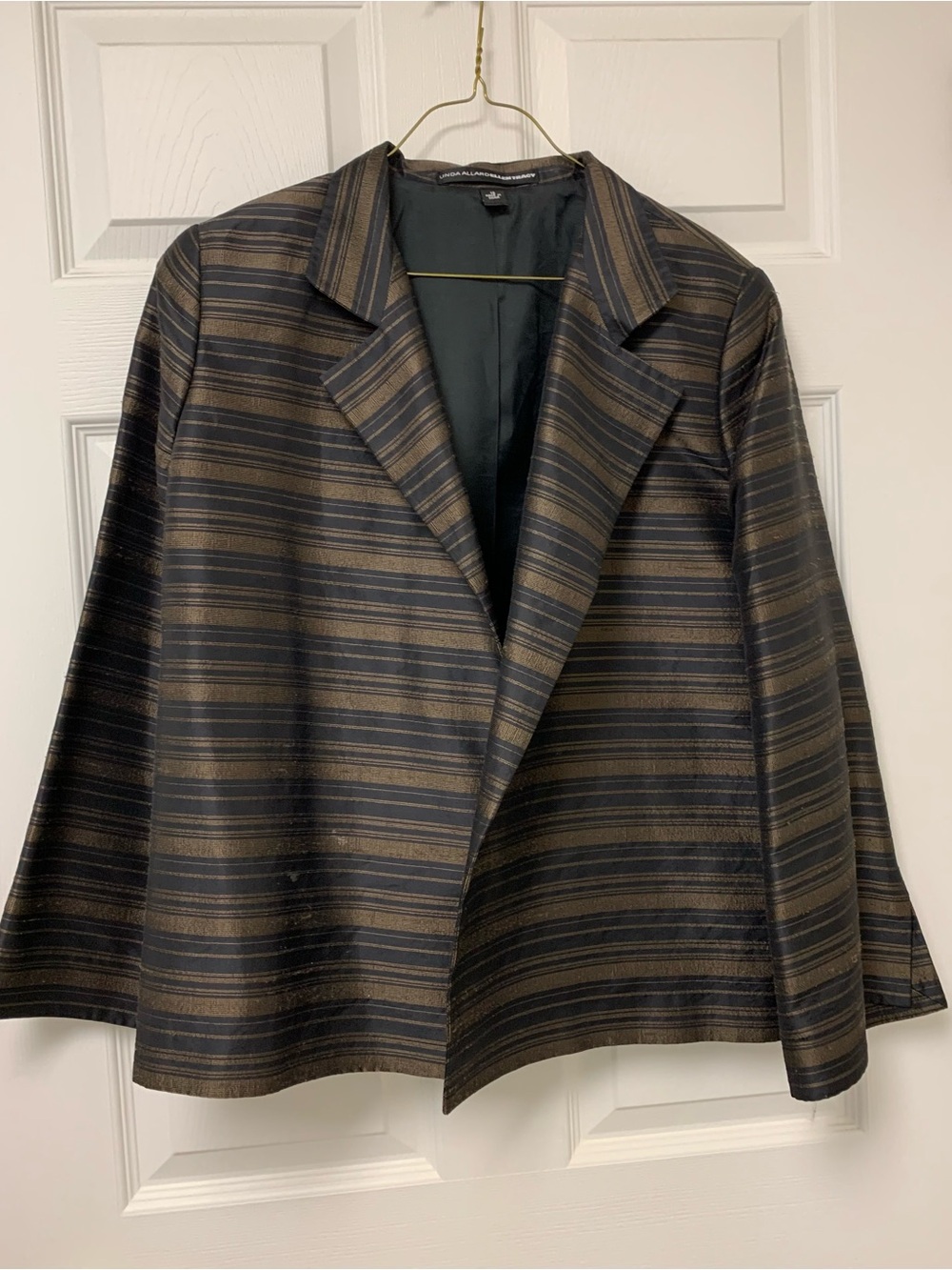 Linda Allard Ellen Tracy Textured Bronze & Black Striped 100% Silk Blazer